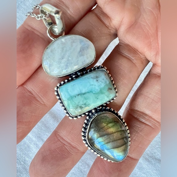 925 Trifecta Rainbow Flash Moonstone + Larimar + Labradorite Pendant Necklace - Picture 3 of 9